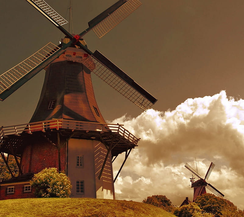Windmill, bonito, farm, field, garden, landscape, mill, nature, village, HD wallpaper