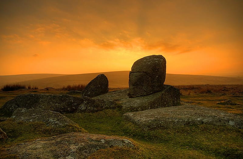 Rock of Ages, combestone, rock, grass, evening, sunset, hill, HD wallpaper