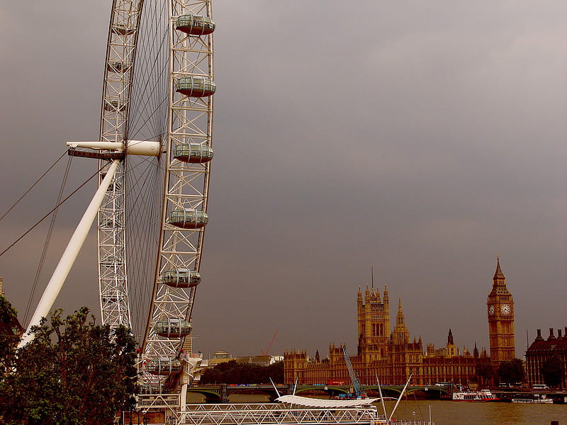 Gloomy London, europe, travel, london, sky, ferris wheels, HD wallpaper