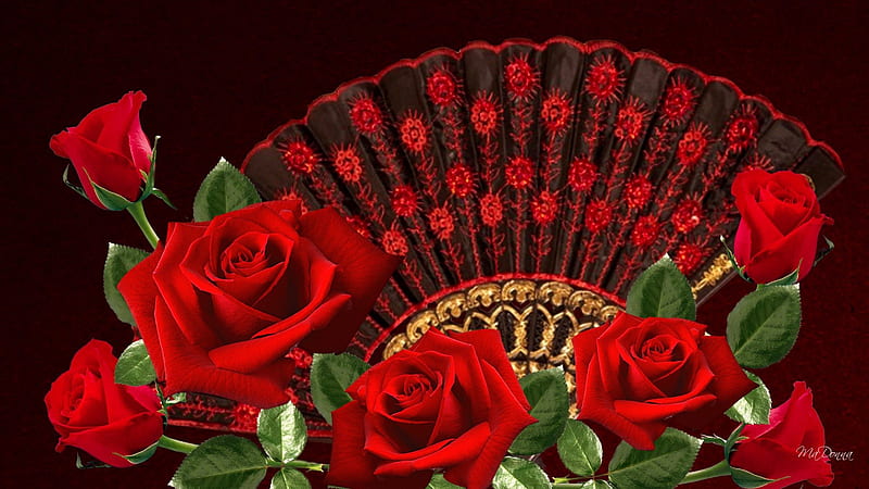 Spanish Dance, red roses, flowers, flamenco, fandango, sexy, dancer, spain, cachucha, dark, flowers, fan, HD wallpaper
