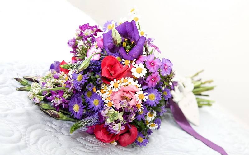 wedding bouquet, eustoma, roses, chrysanthemums, bridal bouquet, HD wallpaper