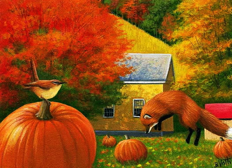 Fall at the Farm, autumn, house, colors, trees, artwork, fox, painting, field, pumpkins, HD wallpaper
