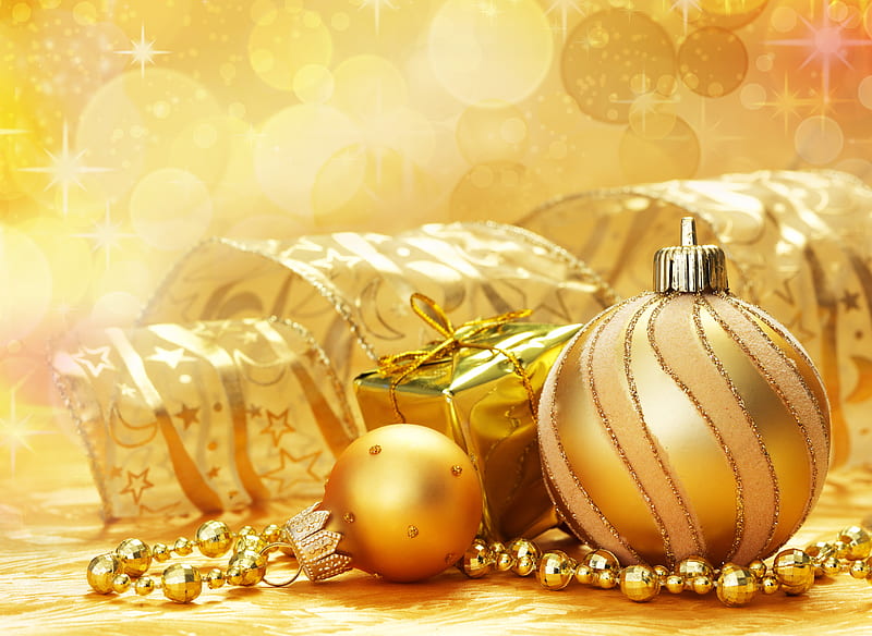 Merry Christmas, pretty, box, garlands, bonito, magic, xmas, graphy, ball, nice, gold, magic christmas, decorations, beauty, lovely, holiday, christmas, ribbon, golden, new year, happy new year, gift, cool, balls, HD wallpaper