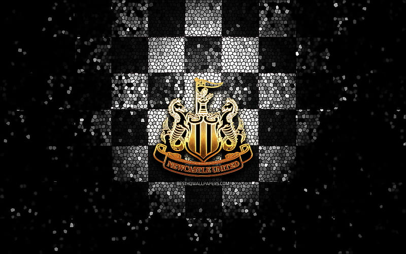 Newcastle United FC, glitter logo, Premier League, black checkered background, soccer, FC Newcastle United, english football club, Newcastle United logo, mosaic art, football, England, HD wallpaper