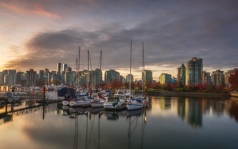 Vancouver, Stanley Park, evening, sunset, Vancouver cityscape, yachts, Canada, HD wallpaper