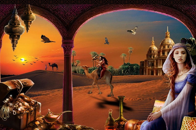 Arabian style, sunset, desert, arabia, camel, HD wallpaper