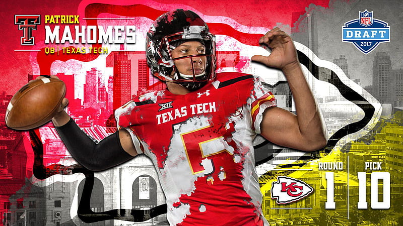 patrick mahomes is wearing red dress and black helmet with sprint football in hand sports-, HD wallpaper