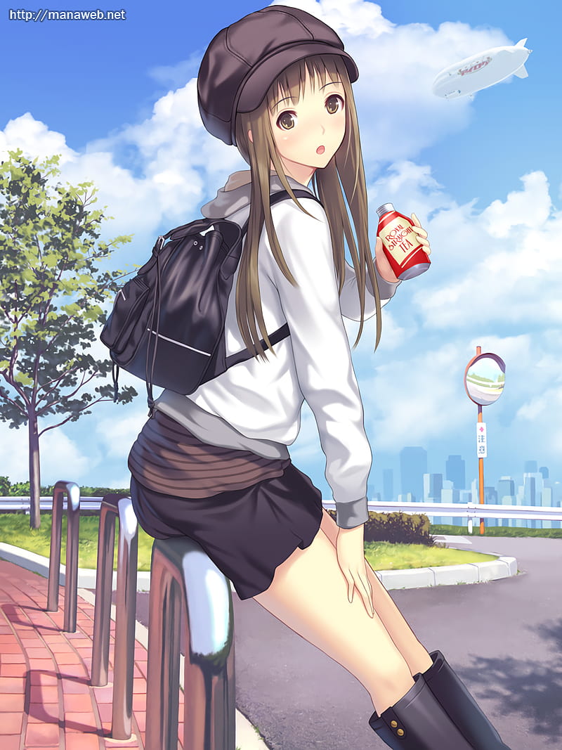 anime, anime girls, skirt, long hair, hat, clouds, brunette, HD phone wallpaper