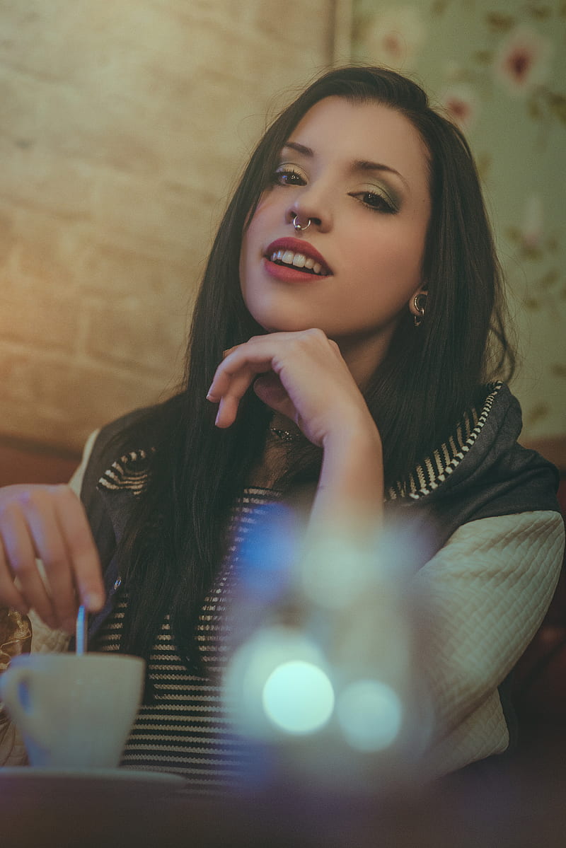 women, Ruben Cid, , dark hair, model, red lipstick, nose ring, HD phone wallpaper