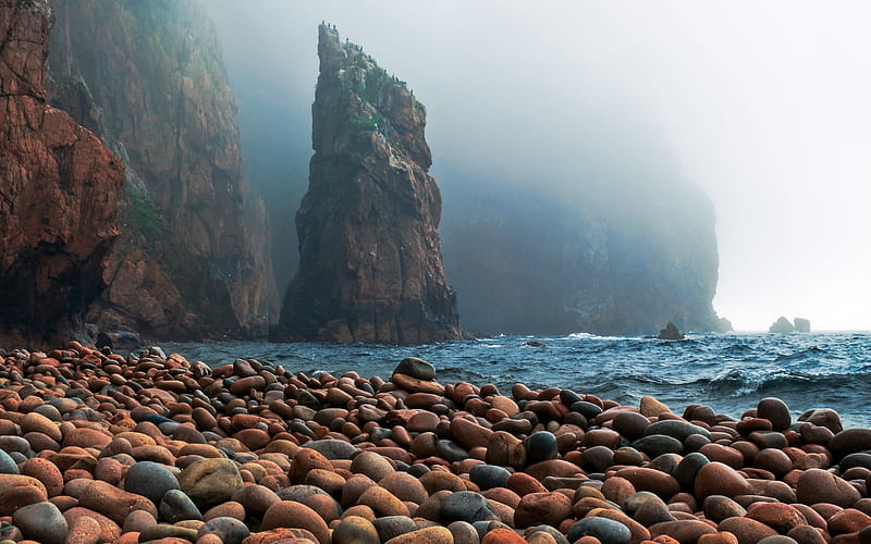 beach, rocks, ocean, pepples, sea, sand, water, cliffs, mountains, HD wallpaper