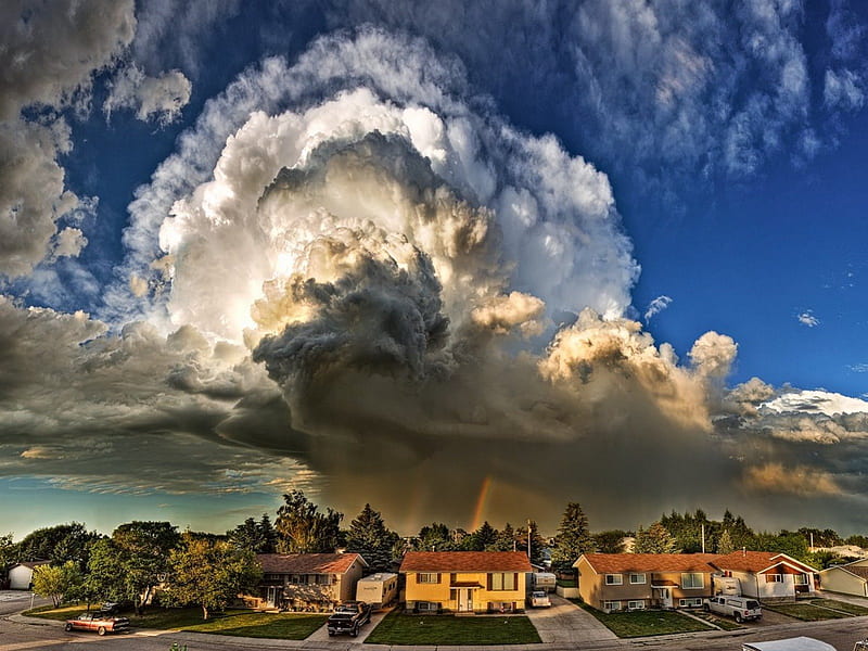 supercell clouds, nature, fun, sky, houses, HD wallpaper