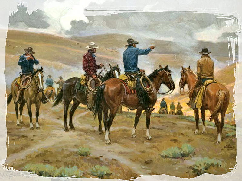Cowboys Scattering for Roundup F2, hills, roundup, art, plains, artwork, nicholas firfires, painting, firfires, cowboys, HD wallpaper