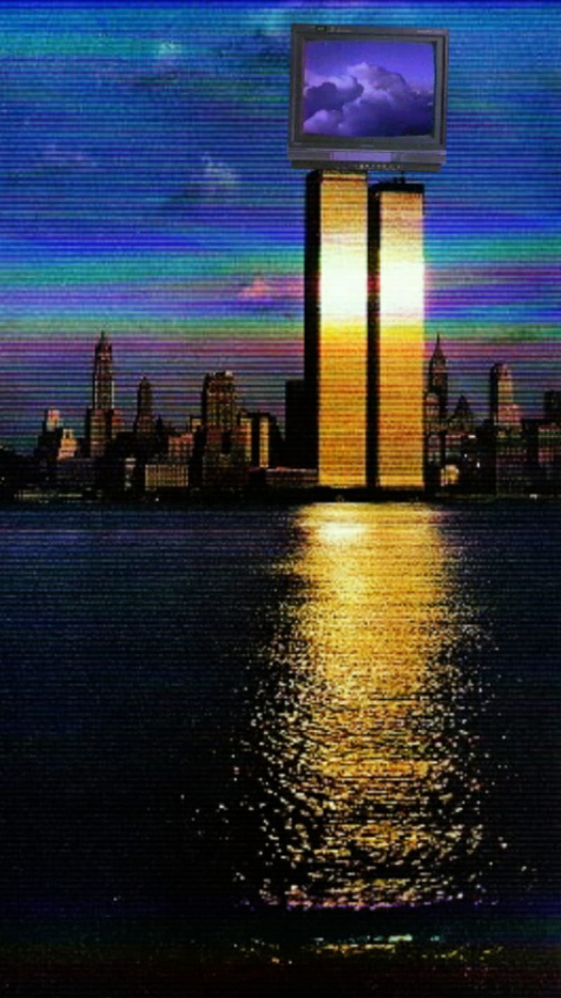 Vaporwave, 1990s, 90s, new york, skyline, twin towers, world trade, HD phone wallpaper