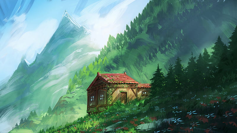 Cozy Little House In Mountains , house, artist, artwork, digital-art, artstation, HD wallpaper