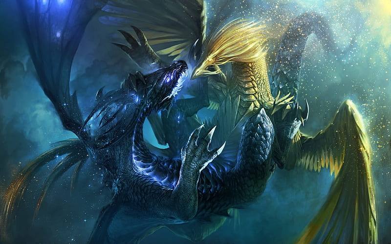 Dragons fight, fantasy, wings, luminos, game, fight, yellow, dragon, blue, HD wallpaper