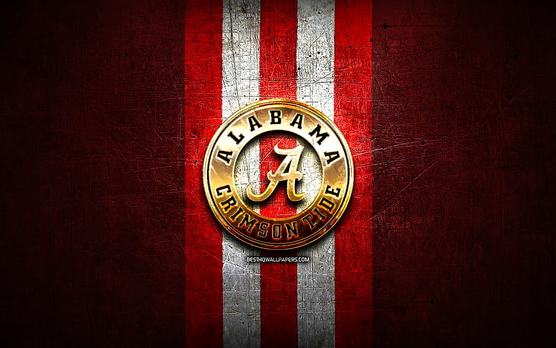 Alabama Crimson Tide, golden logo, NCAA, red metal background, american football club, Alabama Crimson Tide logo, american football, USA, HD wallpaper