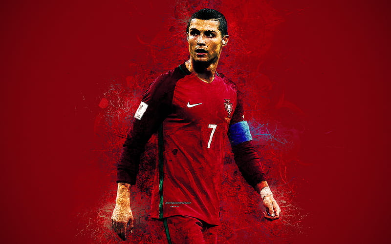 Cristiano Ronaldo creative art, Portuguese football player, Portugal national football team, grunge style, red background, paint art, HD wallpaper