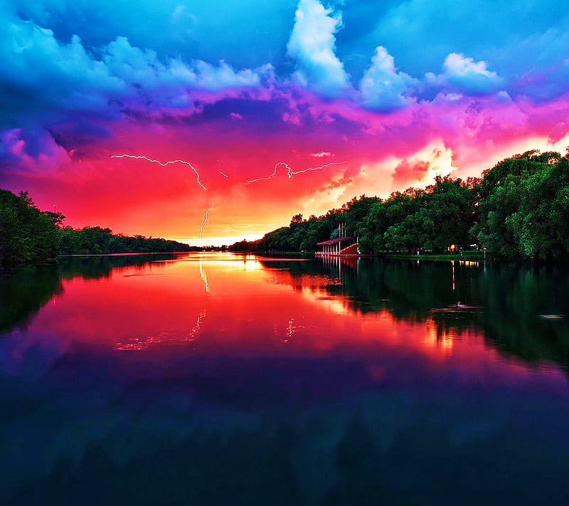 Sunset View, clouds lake, peace, silence, tress, HD wallpaper