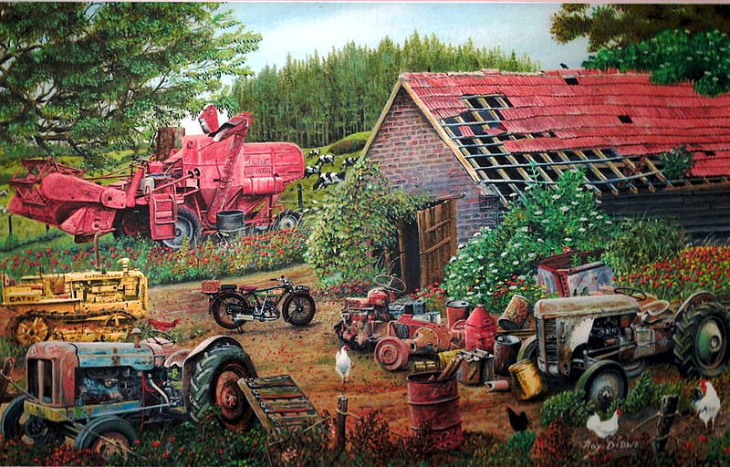 Working Days Are Over, harvester, painting, poultry, tractors, shed, artwork, HD wallpaper