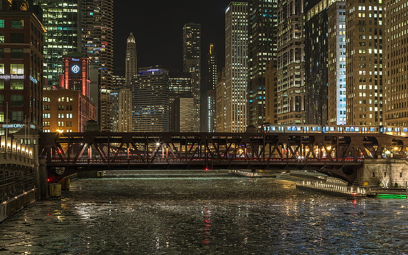 Chicago River bridge, nightscapes, Chicago, USA, America, HD wallpaper