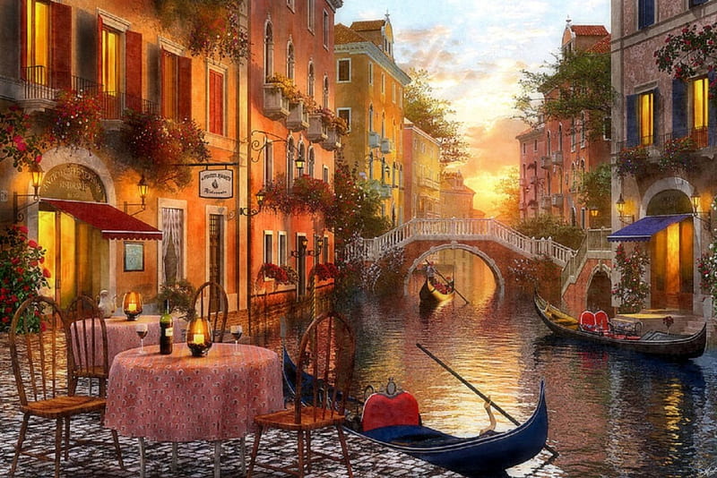 The Venetian Sunset, architecture, dinner, romantic, Italy, houses, bridges, love four seasons, attractions in dreams, venice, canals, boats, sunsets, love, travels, HD wallpaper