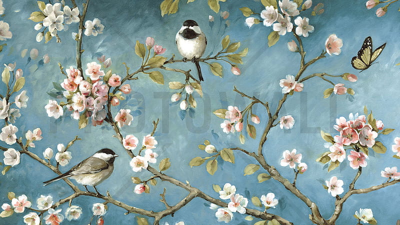 Blue Wall Birds Leaves Flowers Background Chinoiserie Chinoiserie, HD wallpaper