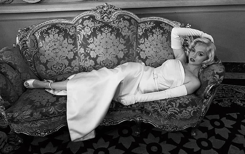 Ana de Armas as Marilyn Monroe, open toe white heels, Blonde Wig, long, white silk dress, posing on couch, love seat, HD wallpaper