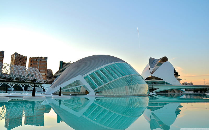 Valencia, graphy, city, aqua, architecture, museum, art, center, modern, water, HD wallpaper