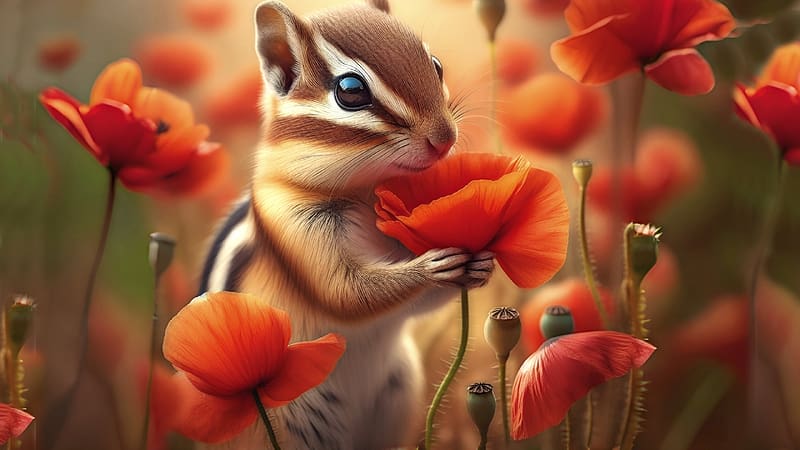 Chipmunk, animal, poppy, red, mac, art, flower, maci, cute, HD wallpaper