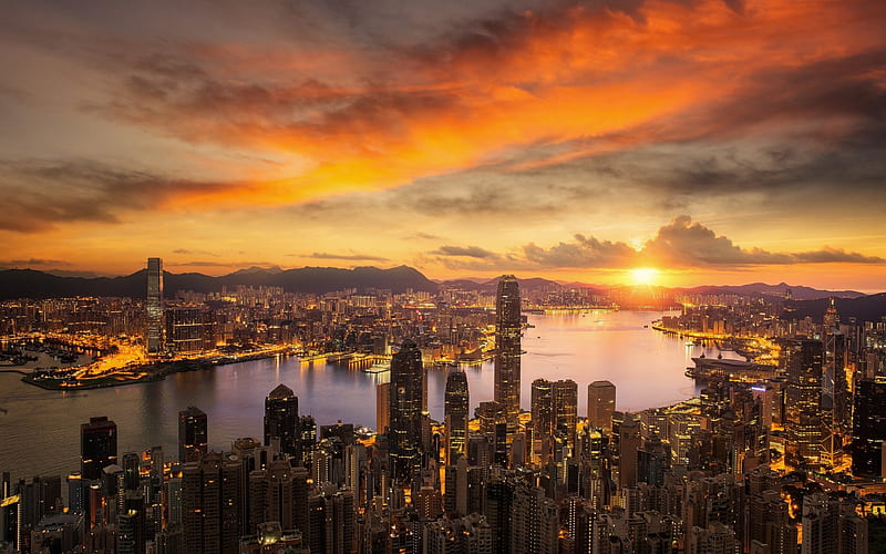 International Commerce Centre, Hong Kong, sunset, metropolis, skyscrapers, Central Plaza, China, HD wallpaper