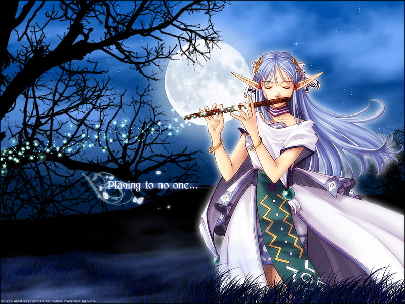 Playing to no one..., playing, anime, elf, flute, magic, night, HD wallpaper