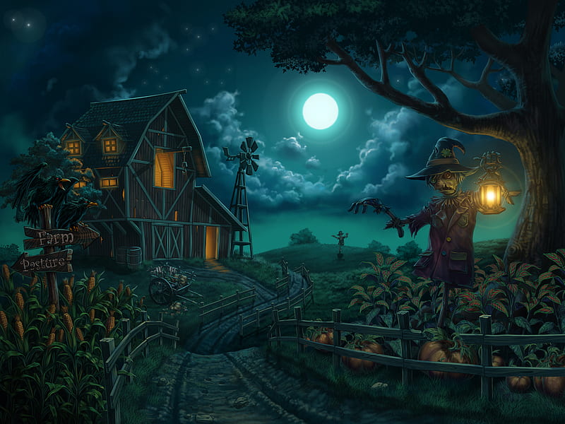 Farm, windmill, holidays, halloween, moon, pumpkin, drawings, blue, night, corn, lamp, cloud, houses, digital painting, scarecrow, scarecrows, pumpkins, field, HD wallpaper
