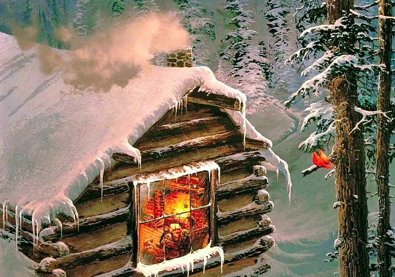 Winter watchers, pretty, holidays, cottage, home, cabin, bonito, snowy, cold, cardinals, fireplace, nice, calm, watch, painting, watchers, room, frost, forest, lovely, view, birds, winter, tree, serenity, warmth, snow, ice, frozen, wooden, HD wallpaper