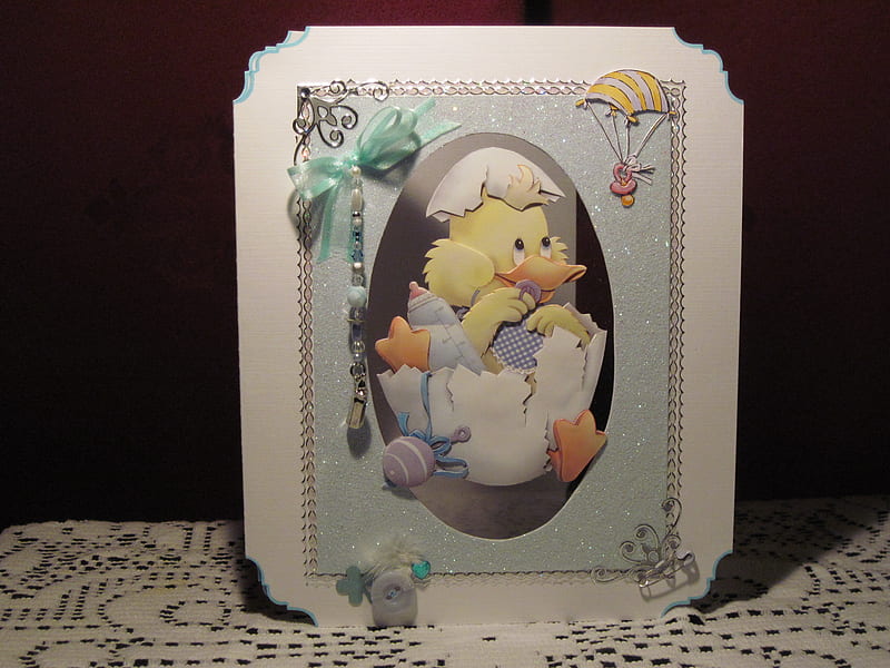 new born babyboy handmade card, baby duck, 3d, hand made card, bow, beads, HD wallpaper