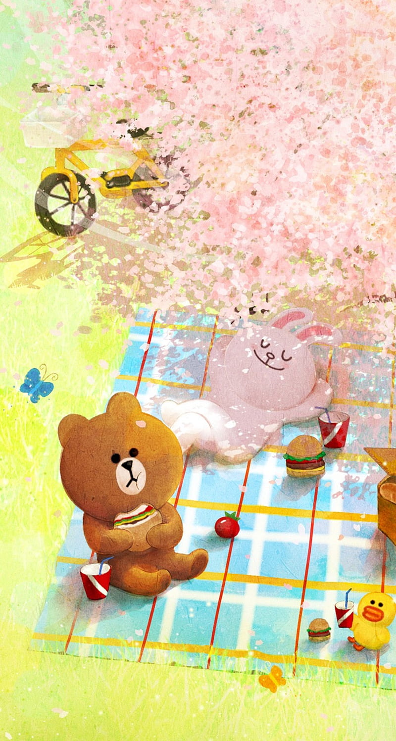 sweet couple, bear, bunny, friends, happy, line, love, picnic, teddy bear, HD phone wallpaper