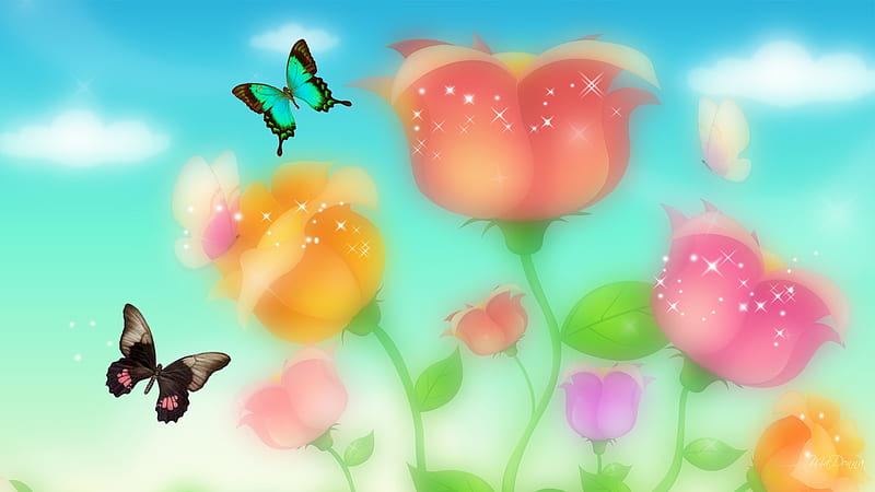Summer Pastels, stars, blurred, butterflies, spring, sky, clouds, summer, flowers, tulips, HD wallpaper