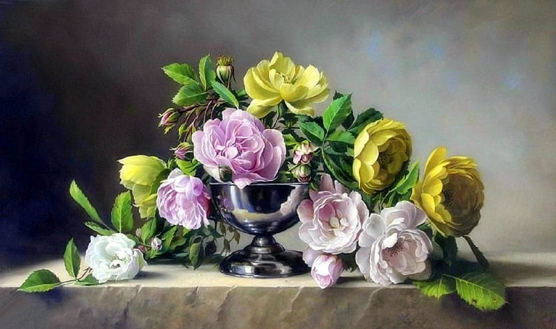 ✿⊱•╮Pyramid Roses╭•⊰✿, lovely still life, still life, paintings, all roses, draw and paints, flowers, love four seasons, roses, HD wallpaper