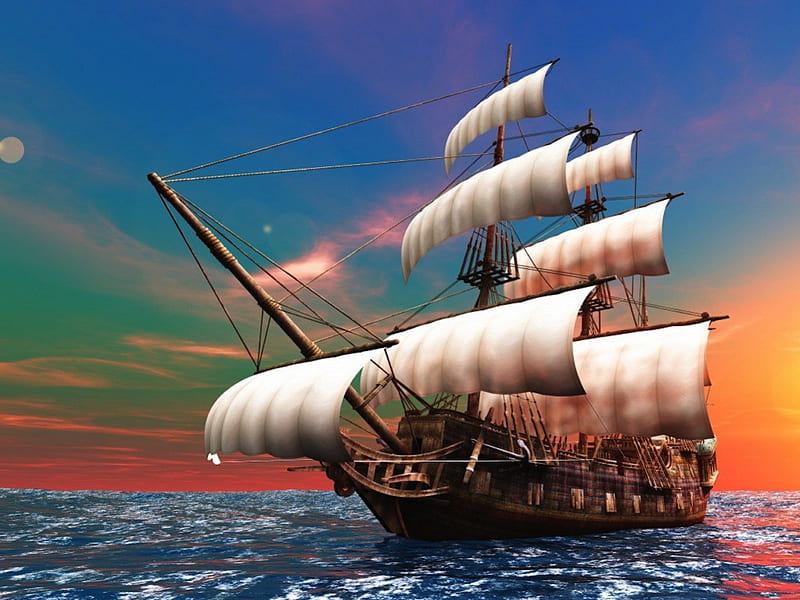 At Sea, galleon, water, ship, masts, sails, old ship, sea, HD wallpaper