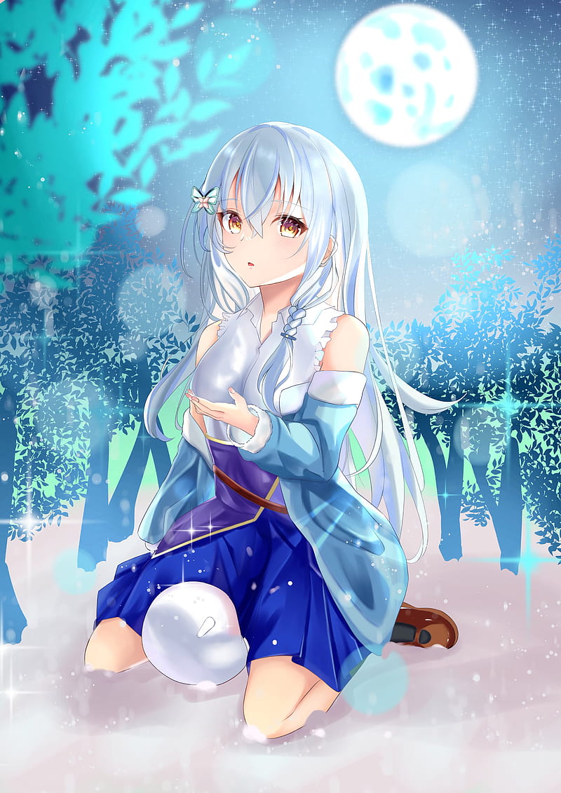 Desktop Wallpaper Cute Anime Girl, Snowflakes, Blue Hair, Original, Hd  Image, Picture, Background, Vua9gg