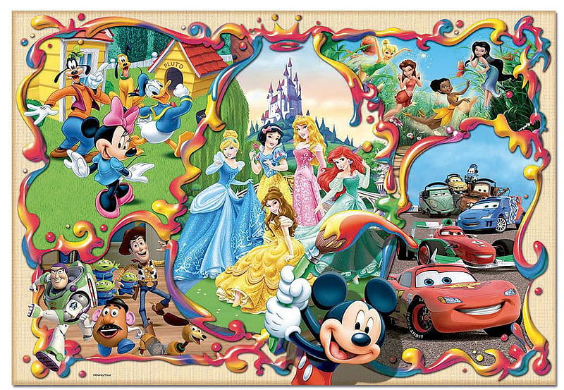 Disney world, poster, world, animation, collage, mickey mouse, princess, disney, HD wallpaper