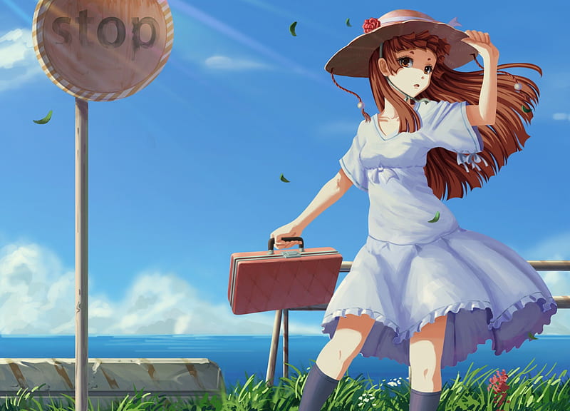 Windy Vacation, pretty, dress, bus stop, breeze, bag, bonito, sweet, nice, stop, anime, hot, beauty, anime girl, bus station, long hair, female, cloud, lovely, brown hair, wind, sign, sky, sexy, hat, cute, girl, cap, windy, sundress, HD wallpaper