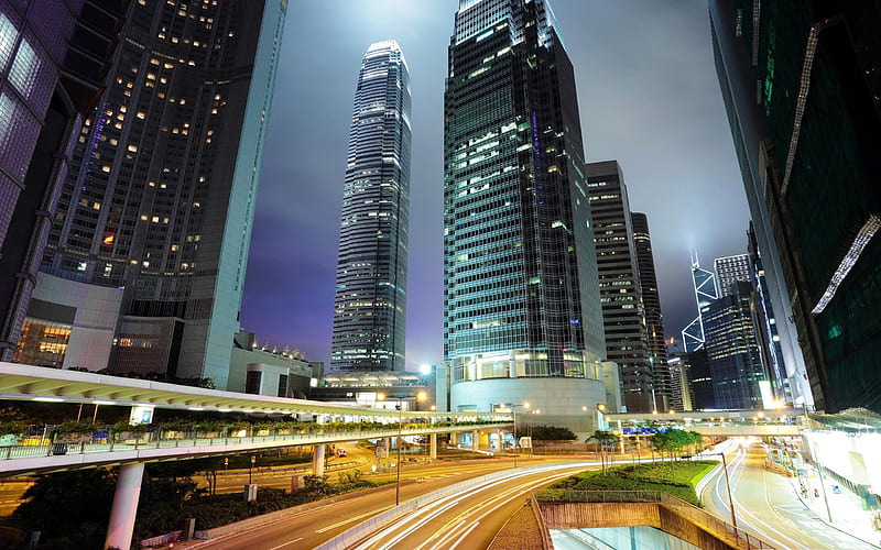 hong kong downtown night lights-City landscape graphy, HD wallpaper