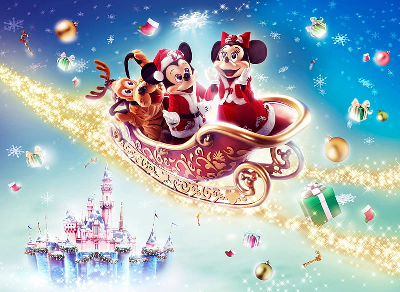 Disney Christmas, red, christmas, mickey mouse, fantasy, minnie, castle, pink, disney, blue, HD wallpaper