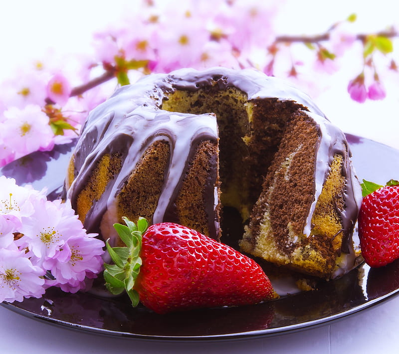 Cake, chocolate, flowers, strawberries, HD wallpaper