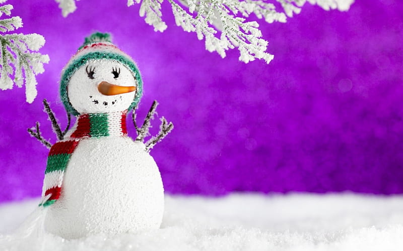 Snowman, purple, craciun, christmas, white, pink, winter, HD wallpaper