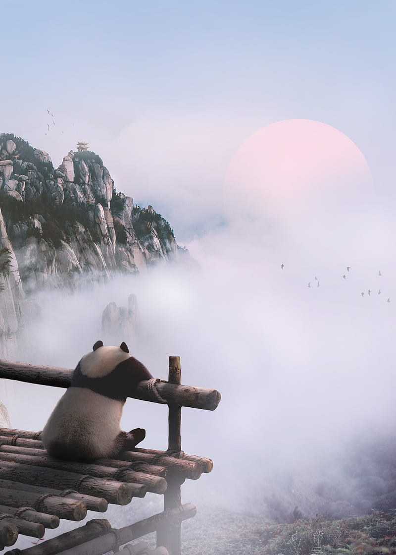 panda, mountains, fog, clouds, nature, HD phone wallpaper