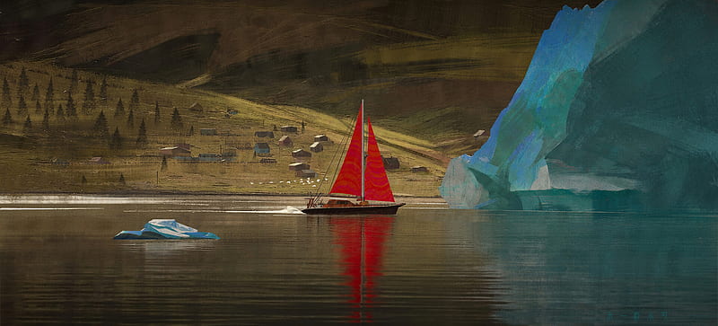 boat, river, village, art, HD wallpaper