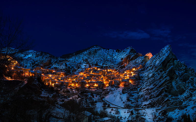 Castelmezzano, mountains, winter, nightscapes, Europe, Italy, HD wallpaper