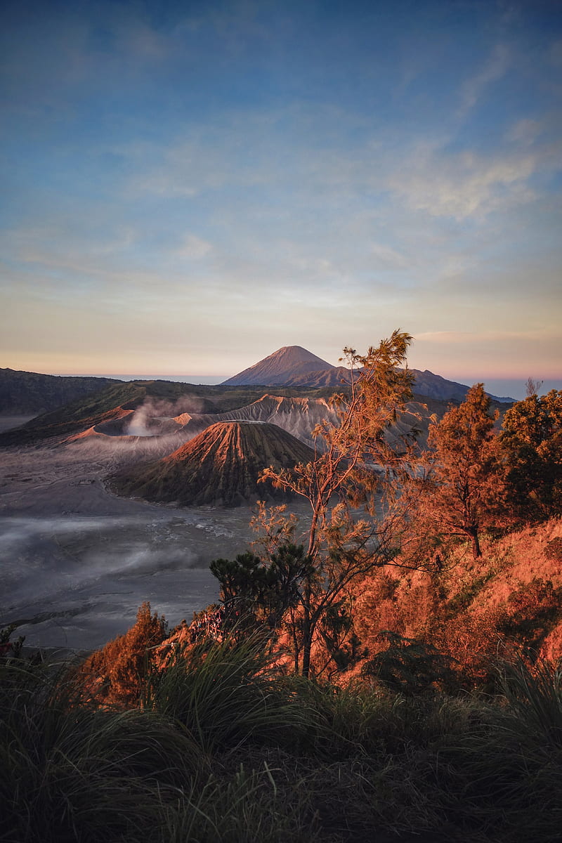 volcano, mountains, dawn, sunrise, grass, sky, HD phone wallpaper