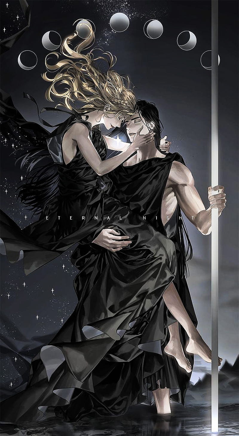 Download A romantic couple embrace in a destroyed world with death angels  looming. Wallpaper